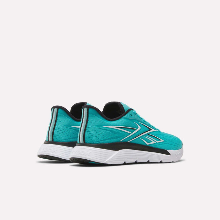 The Women's Nano Gym 2.0 Training Shoes by Reebok in teal feature black and white accents, a bold R logo, and a textured white sole—ideal workout shoes designed for comfort and style.
