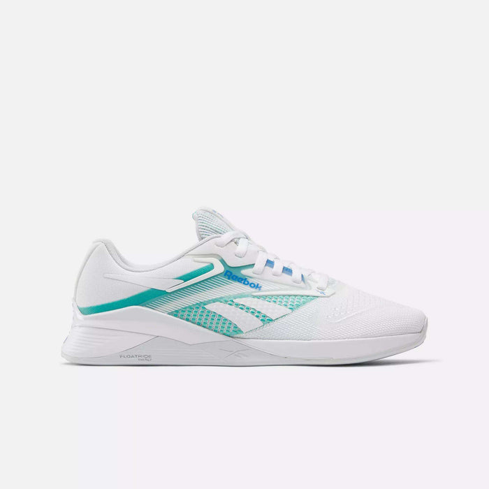 The Reebok Women's Nano X4 Training Shoes are white athletic sneakers with teal and light blue accents, featuring the Reebok logo on the side. They have a breathable mesh upper, white laces, and a textured sole against a plain light grey background.