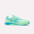 The Women's Nano X5 Edge Training Shoes by Reebok feature a bright turquoise design with light blue accents and a blue sole, shown side view on a white background—ideal for HIIT sessions or daily workouts.