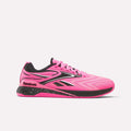 The Reebok Women's Nano X5 Edge Training Shoes feature a bright pink design with black and white accents, speckled midsole, lace-up closure, and Reebok logos—ideal for your next HIIT class.