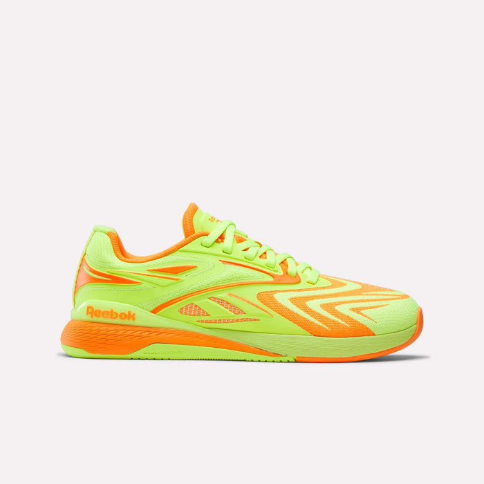 The Women's Nano X5 Edge Training Shoes by Reebok feature a bright neon yellow and orange design, orange laces, low-cut silhouette, and Reebok logos on the side and heel—perfect for HIIT—shown on a plain white background.