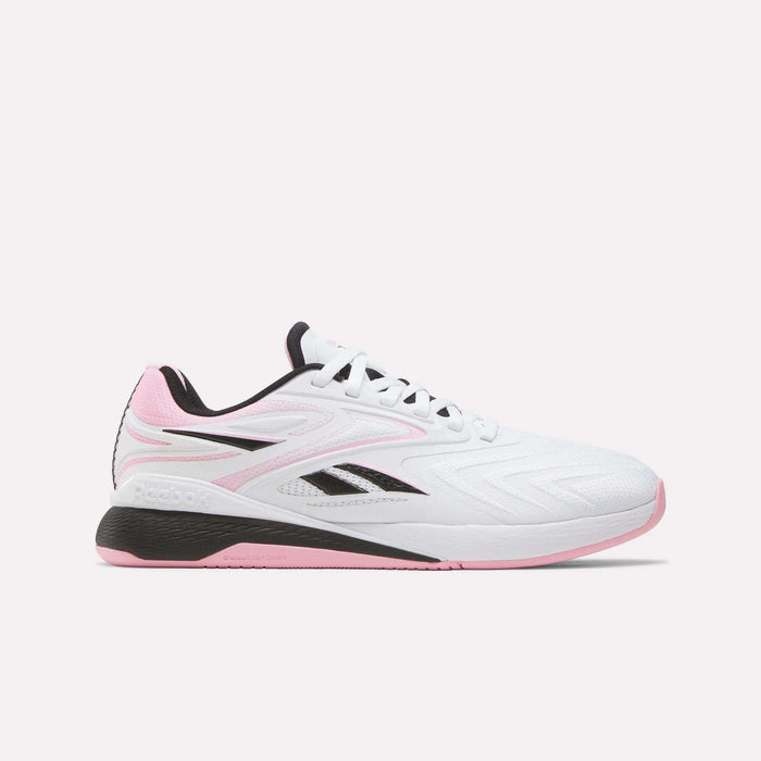 Reebok Women's Nano X5 Edge Training Shoes with black and pink accents, bold Reebok logo, black sole, and pink trim on the sole and heel are shown on a plain light background—ideal for your workout sessions.