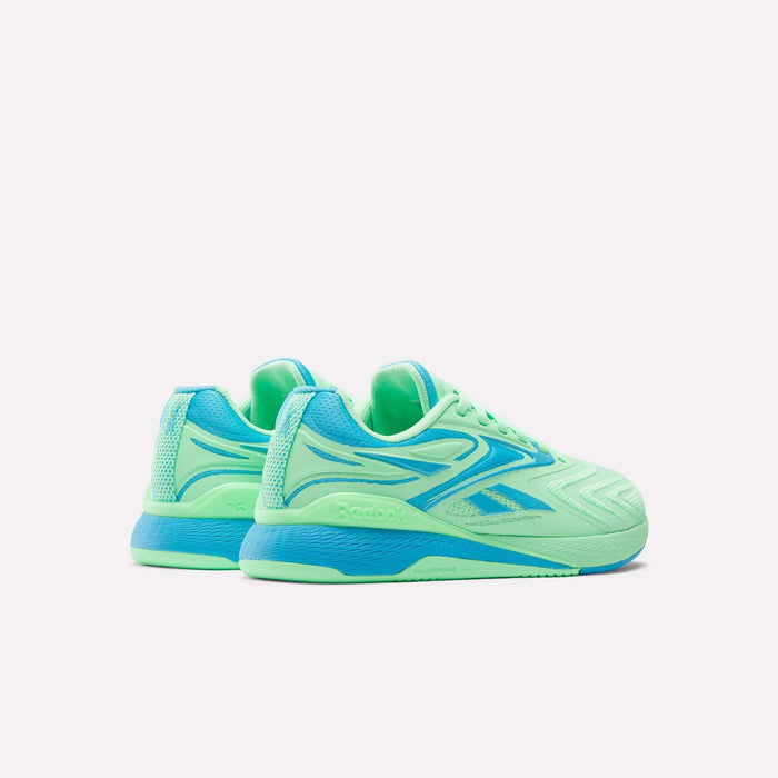 The Women's Nano X5 Edge Training Shoes by Reebok feature a bright mint green color with teal and blue accents, textured details, and a low-top design—ideal for your next HIIT class. Shown on a plain white background.