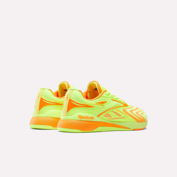 The Reebok Women's Nano X5 Edge Training Shoes in neon yellow and orange are shown from the back and side on a white background—ideal for your next HIIT class.