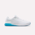 The Reebok Women's Nano X5 Training Shoes feature a white textured mesh upper, white laces, and a blue gradient heel—ideal women's athletic sneakers shown on a plain white background.