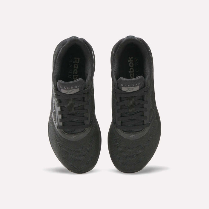 Top view of a pair of black Reebok Women's Nano X5 Training Shoes with black laces and NANO X5 on each tongue, placed side by side on a white background; ideal for women seeking both style and performance.