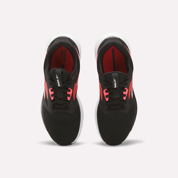 Top view of a pair of black Reebok Women's Nanoflex 2.0 Training Shoes with white soles and red accents on the sides and eyelets, displayed side by side on a plain, light background.