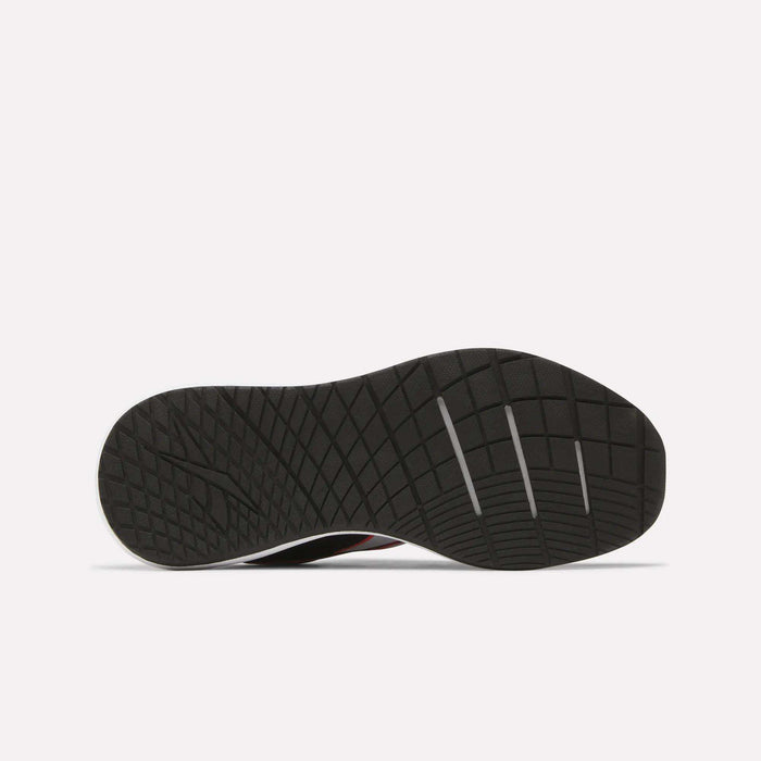 Showcased on a plain white background, the Women's Nanoflex 2.0 Training Shoes by Reebok feature a black sole with a textured diamond-pattern tread and three horizontal grooves near the toe—ideal for stylish and versatile women’s workouts.