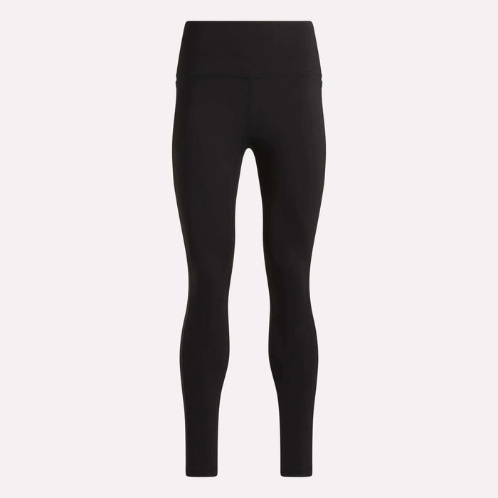 Reebok Women’s Odyssey High-Rise 7/8 Leggings feature a smooth, fitted design and wide waistband with no visible logos or patterns, shown on a plain light background.