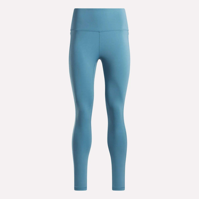 Women's Odyssey High-Rise 7/8 Leggings by Reebok in light blue, featuring a high-rise waistband and full-length style, shown against a plain white background.