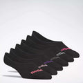 Six pairs of Women's Reebok Sport Liner Socks are displayed in a row. Each no-show sock features a colored Reebok logo on the toe, standing out against the plain background—ideal for pairing with your favorite training shoes.