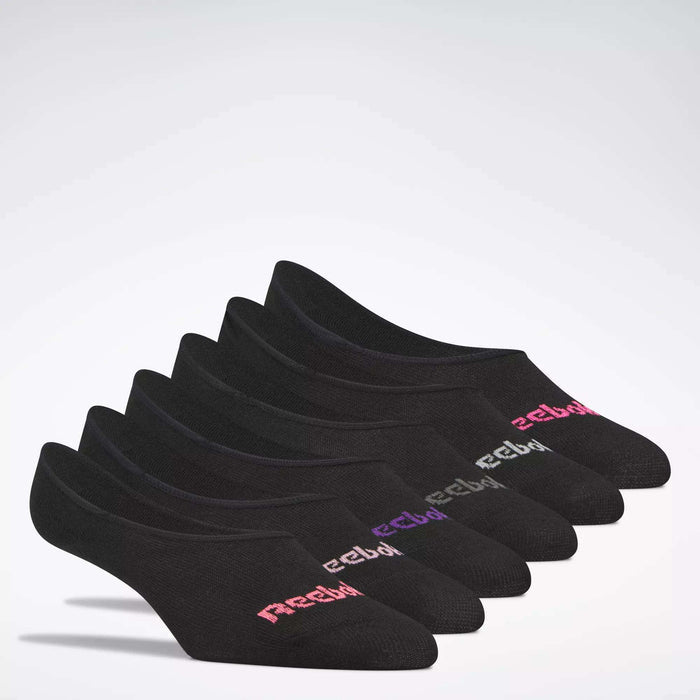 Six pairs of Women's Reebok Sport Liner Socks are displayed in a row. Each no-show sock features a colored Reebok logo on the toe, standing out against the plain background—ideal for pairing with your favorite training shoes.