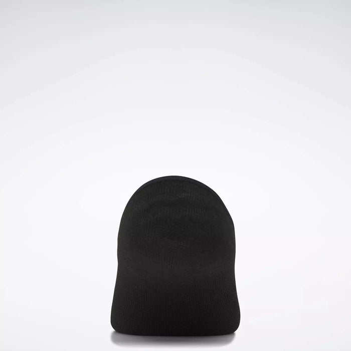 A plain black beanie hat is displayed upright against a simple light gray background, echoing the minimalist style of Women's Reebok Sport Liner Socks 6 Pairs by Reebok.