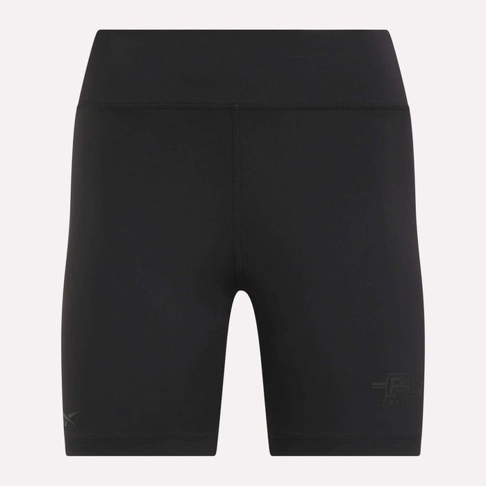 Women's Reebok x F45 Training High-Rise Biker Shorts, featuring a black, fitted design with subtle Reebok branding near the lower legs. Shown against a plain light background, these high-waisted shorts are crafted for performance without visible pockets or drawstrings—ideal for F45 Training and other high-intensity workouts.