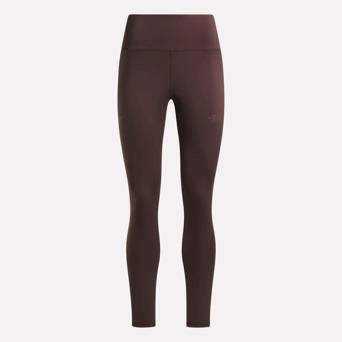 High-waisted, full-length Women's Reebok x F45 Training Leggings in Dark Cocoa displayed on a plain light background, shown from the front with no visible logos or patterns—ideal for F45 Training and other activities where supportive leggings are essential.