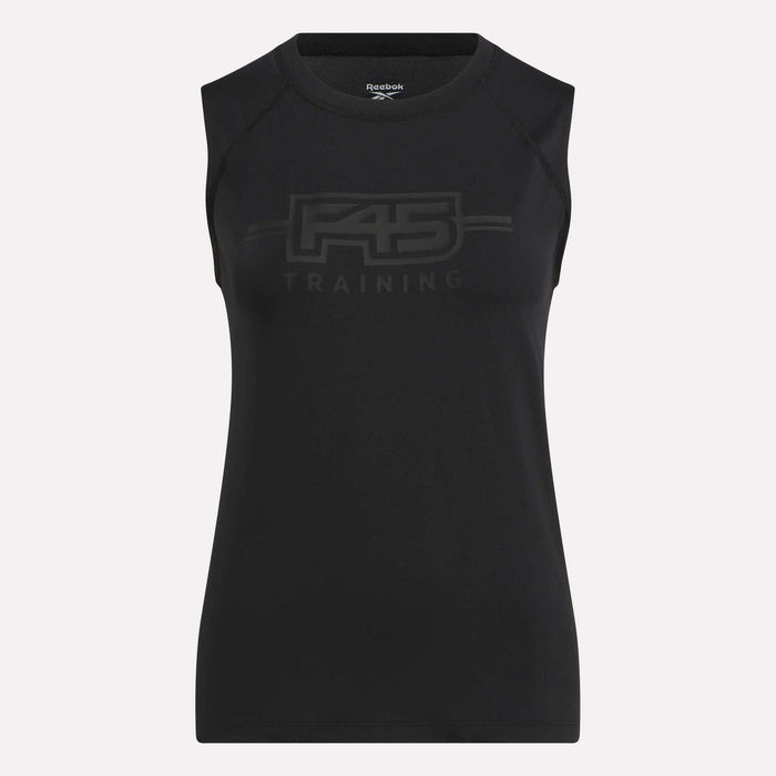 The Women's Reebok x F45 Training Tank Top features sweat-wicking fabric, large subtle F45 Training lettering across the chest, and a small Reebok logo at the neckline.