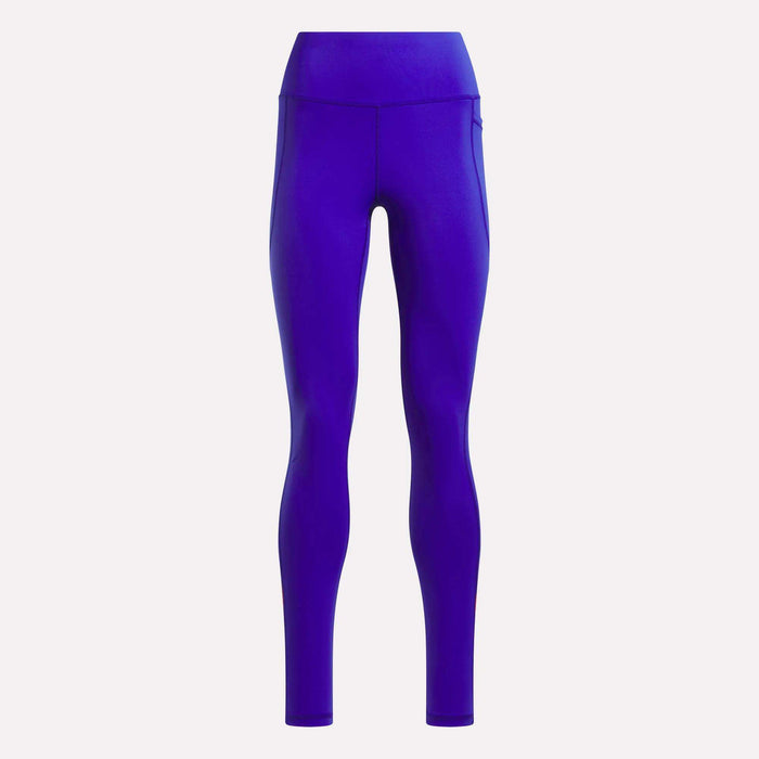 The Reebok Women's Running Leggings in bright blue are displayed against a plain white background, shown from the front with no visible patterns. Subtle mesh panels enhance breathability and style, maintaining a sleek and streamlined appearance.