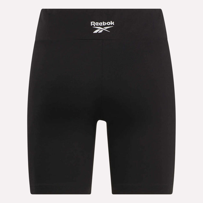Seen from the back, these Women's Small Logo Cycle Shorts by Reebok feature a stretchy fit and a white logo near the waistband, blending comfort and style for any activity.