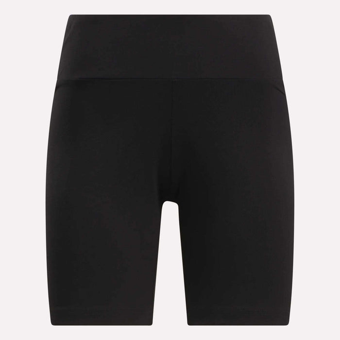Women's Small Logo Cycle Shorts by Reebok: black, high-waisted cotton cycle shorts with a wide waistband. Knee-length with a stretchy, seamless fit, shown on a plain light background.
