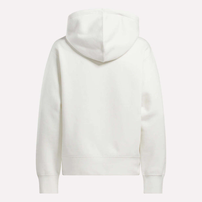 The Reebok Women's Small Vector Full Zip Sweatshirt is shown from the back, featuring long sleeves, a hood, and no visible logos or designs—ideal for an athletic, clean, and versatile look.