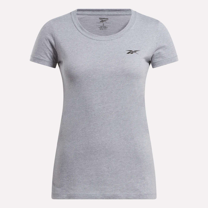 The Women's Reebok T-Shirt is a light gray cotton tee with short sleeves, a round neck, and a small black Reebok logo on the left chest, shown on a plain white background.