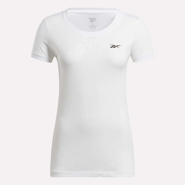 The Women's Reebok T-Shirt is a plain white cotton short-sleeve top with a small black Reebok logo on the left chest, shown on a white background.