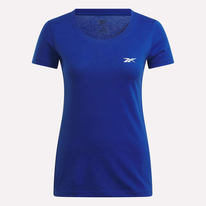 The Reebok Women's T-Shirt is a plain, short-sleeve cotton tee in royal blue with a small white logo on the upper left chest, shown against a white background.