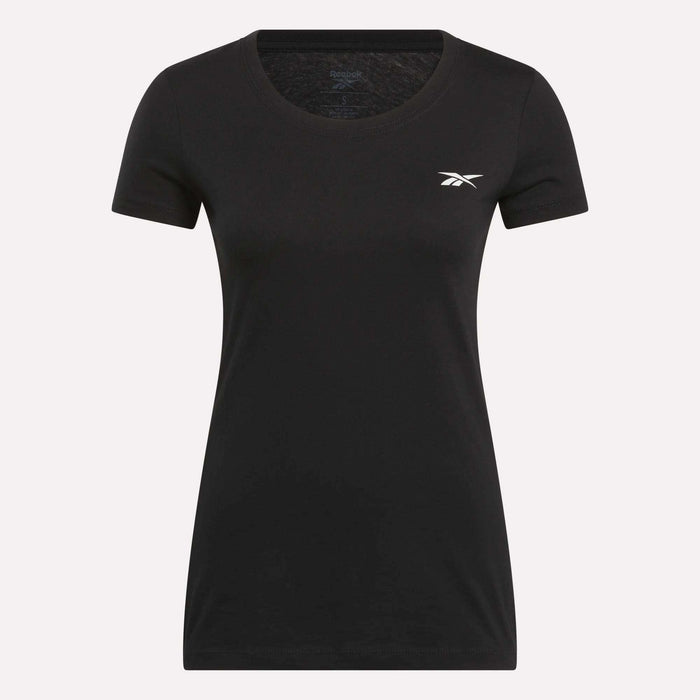 The Women's Reebok T-Shirt is a plain black, short-sleeve cotton tee with a round neck and a small white Reebok logo on the left chest, shown on a light background.