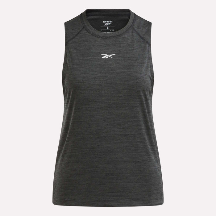 Introducing the Reebok Women's Training Tank Top—a sleeveless, dark gray workout essential featuring a crew neckline and a subtle white Reebok logo on the chest. Crafted with RBK-DRY technology for superior comfort during training sessions, this tank top is showcased against a simple light backdrop.