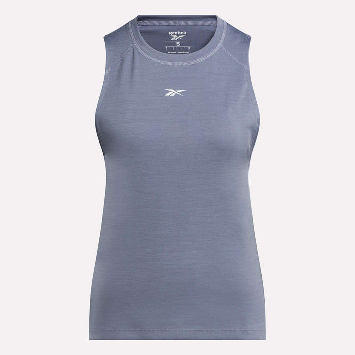 The Reebok Women's Training Tank Top is a sleeveless athletic top in light gray with RBK-DRY fabric and a small white chest logo, shown on a plain white background.