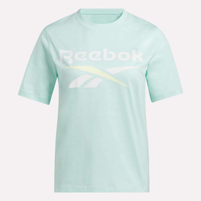 The Reebok Women's Two-Color Logo Crew Short Sleeve Tee features a light blue crewneck design with short sleeves and a white and yellow Reebok logo on the chest, shown against a plain white background.