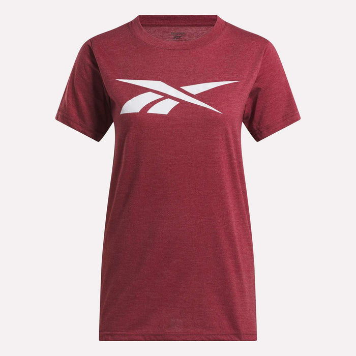 The Reebok Women's Vector Graphic T-Shirt is a plain maroon tee with a bold white Reebok logo across the chest, shown on a white background.