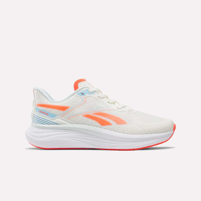 Introducing the Women's Viva Speed Shoes by Reebok in Chalk/Neon Cherry/White. These athletic sneakers feature a white base with striking neon cherry and crisp white accents, highlighted by the signature Reebok logo on the side and a thick supportive sole. Displayed on a plain background, they are thoughtfully designed for all-day comfort, offering breathability and cushioned support to complement your active lifestyle.