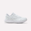 Introducing the Reebok Women’s Walk Ultra 7 DMX Max Shoes - Wide D in White/Cold Grey 2/Collegiate Royal—a wide-fit walking sneaker featuring a classic lace-up design, gray interior lining, and a durable textured rubber sole. Displayed in a side profile against a plain white background, these shoes are engineered by Reebok for all-day comfort.