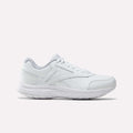 Introducing the Women’s Walk Ultra 7 DMX Max Shoes by Reebok in White/Cold Grey 2/Collegiate Royal—an athletic sneaker with crisp white laces, subtle stitching accents, and a cushioned sole designed for all-day comfort. Shown in a side profile on a plain white background, these walking shoes deliver both style and reliable support for your daily walks.