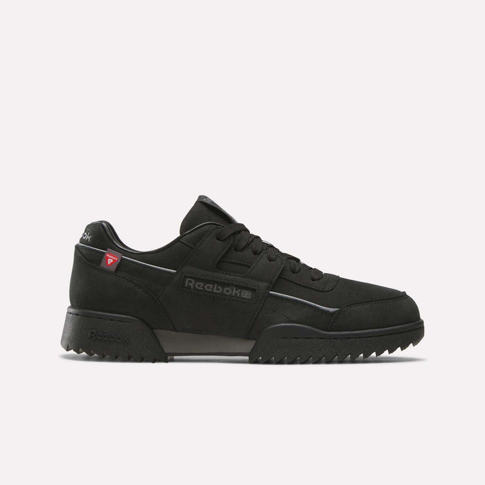A black/black/grey4 Reebok Workout Plus Ripple Shoe featuring laces, a chunky ripple sole, and subtle Reebok branding on the side and heel is displayed on a plain white background—these weather-ready sneakers are designed for all-day comfort in any condition.