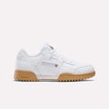 The Reebok Workout Plus Ripple Shoes in White/White/Gum feature a gum rubber sole, low-top design, and subtle branding on the side and heel, delivering a vintage look inspired by classic leather styles, shown on a white background.