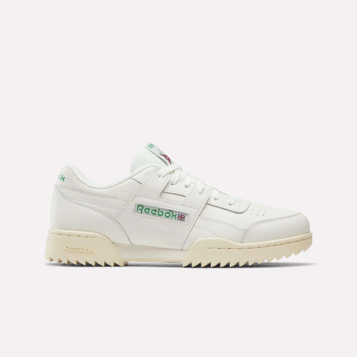 The Reebok Workout Plus Ripple Shoes in Chalk/Vintage Chalk/Paperwhite showcase a low-top silhouette with green logo accents, beige sole, perforated toe box, and chunky tread. Photographed side-on against a plain white background, these classic sneakers blend retro fitness style with enduring comfort.