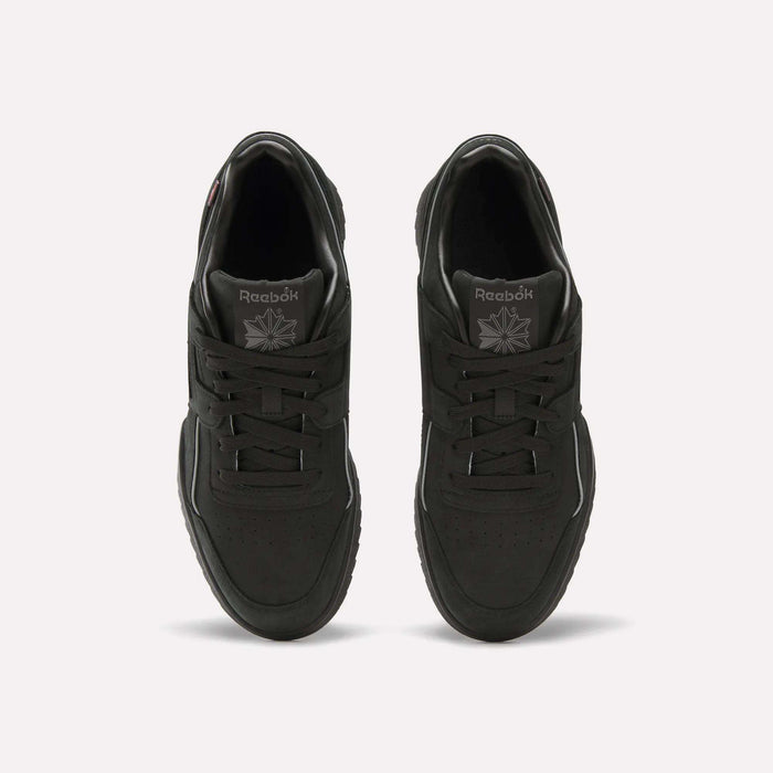 Top view of a pair of Reebok Workout Plus Ripple Shoes in black with laces, featuring the Reebok logo on the tongue, set against a plain white background.