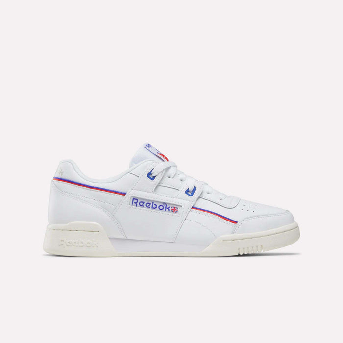 The Women's Club C 85 Shoes by Reebok feature white leather, an off-white sole, blue and red accents, and the iconic Reebok logo with a Union Jack on the side. Shown in a side view against a plain light background.