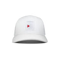 The Reebok Woven Patch Vector Trucker Cap is a white cap with mesh back panels and a rectangular patch on the front featuring the Reebok logo in gray with a red accent.