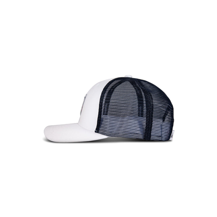 The Reebok Woven Patch Vector Trucker Cap features a solid white front with a woven patch, black mesh back, curved brim, and adjustable snapback for comfort.