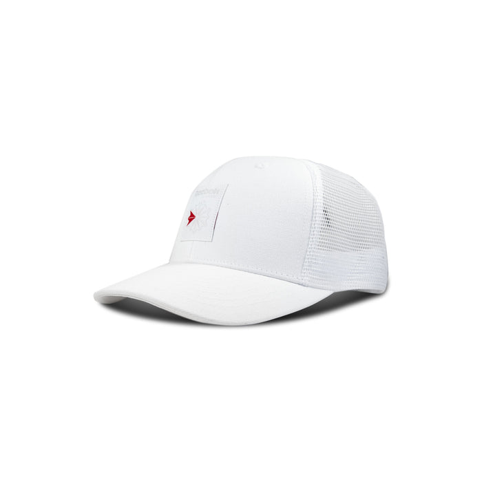 The Reebok Woven Patch Vector Trucker Cap is a white hat with mesh back panels and a front rectangular patch, shown on a plain white background.