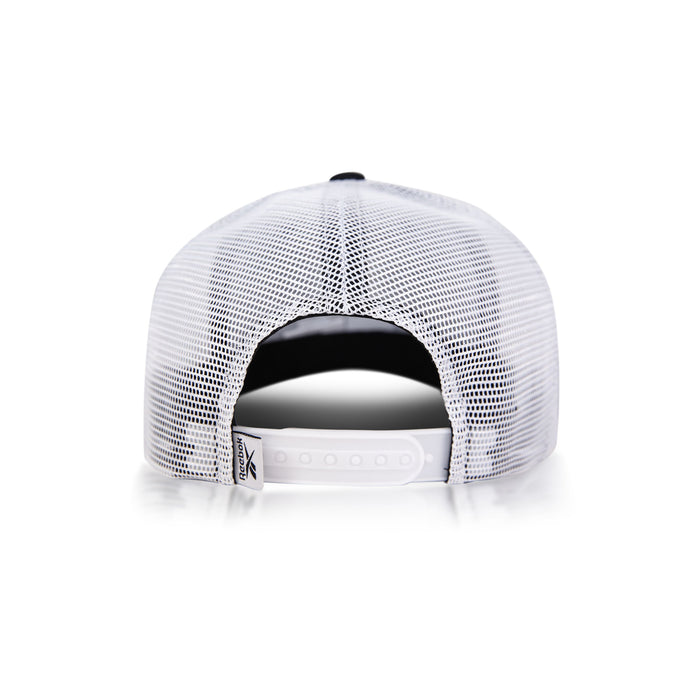 Back view of the Reebok Woven Patch Vector Trucker Cap with white mesh panels and an adjustable snapback closure, shown against a white background.