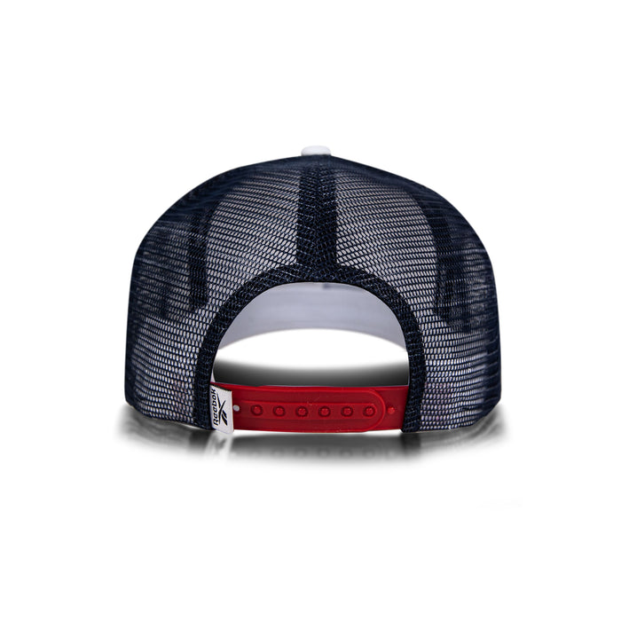 A rear view of the Reebok Woven Patch Vector Trucker Cap shows its black and white mesh back, white inner lining, and adjustable snapback strap.