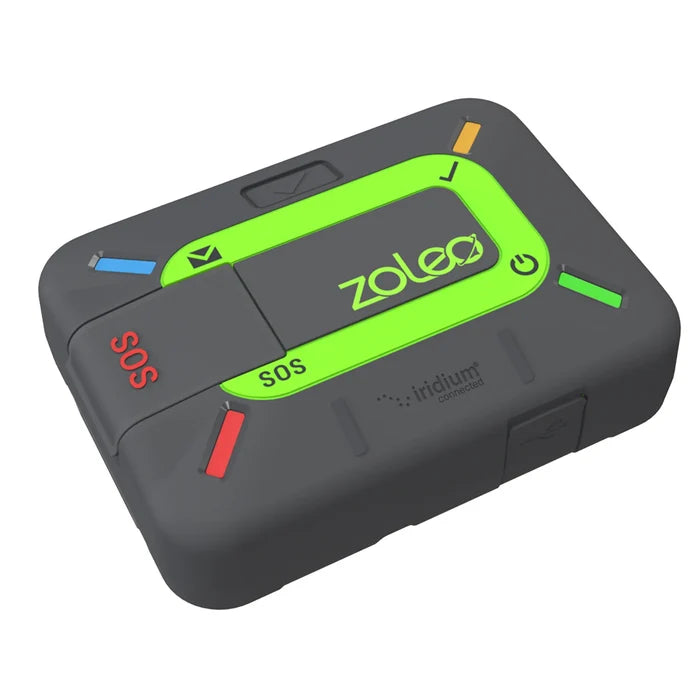 Zoleo emergency communication device with SOS buttons on a white background