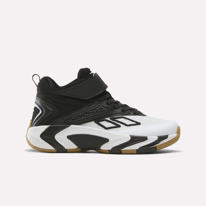Drawing inspiration from classic boys’ Reebok basketball shoes, the Zone Breaker Shoes – Little Kids feature a mid-cut white and black design with detailed patterns, mesh texture, a chunky sole accented with gum tones and zigzag designs, plus an easy-to-use velcro strap.
